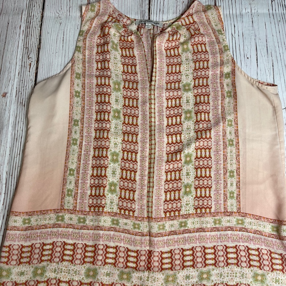 Sleeveless boho print orange tan blouse